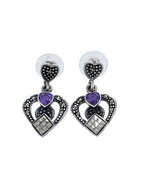 Vintage Sterling Silver 925 Purple Crystal Heart Marcasite Drop Earrings